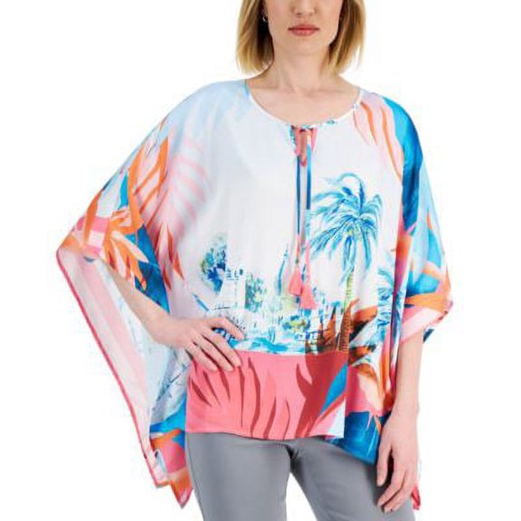 MSRP $60 Jm Collection Women Tropical Tie-Neck Poncho Blouse Size 2XL