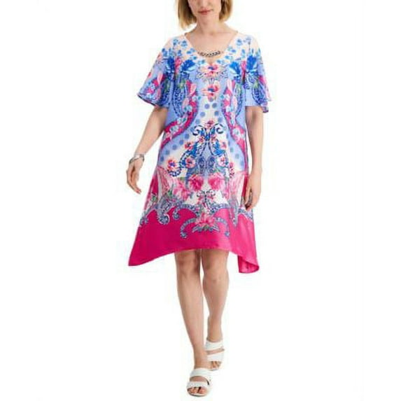 JM Collection Womens Printed Swing Dress Fuchsia Tulip Combo M