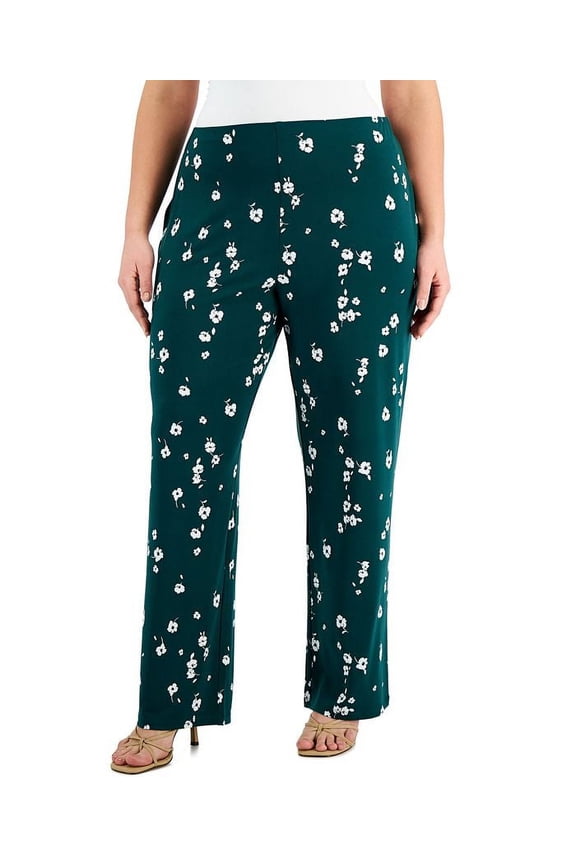 MSRP $70 Alfani Women Plus Size Floral-Print Wide-Leg Pants Green Size 3X