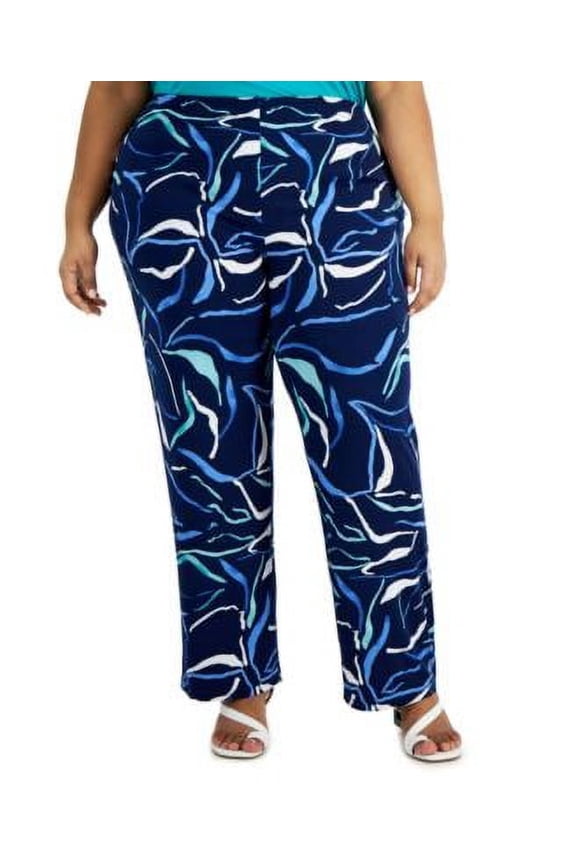 MSRP $70 Alfani Women Plus Size Printed Pull-On Wide-Leg Pants Navy Size 4X