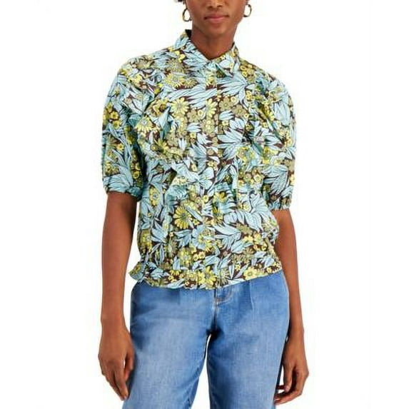 MSRP $70 Inc International Concepts Ruffled Printed Blouse Teal Size Small
