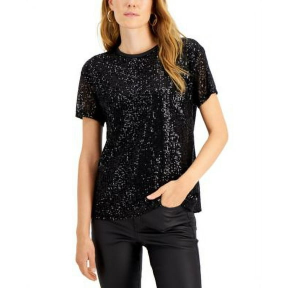 INC International Concepts Womens Sequin T-Shirt Deep Black S