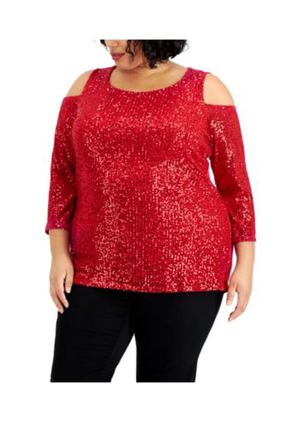 Plus Size Sequin Cold Shoulder Top Real Red 1X