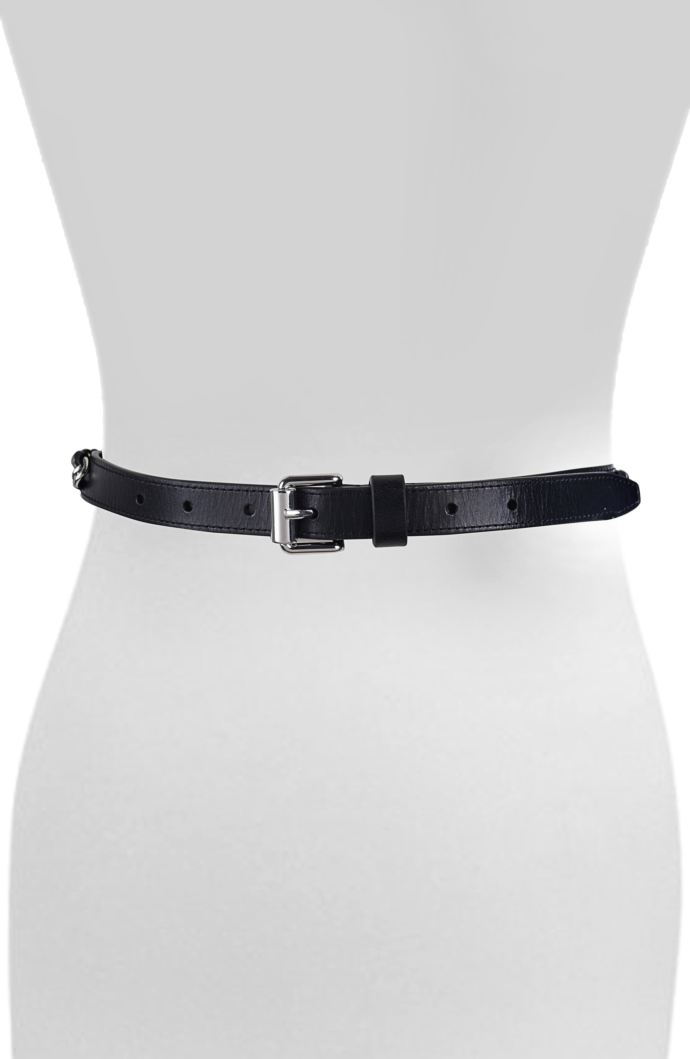 MSRP $78 Rebecca Minkoff Chain Trim Leather Belt in Black  display picture 2