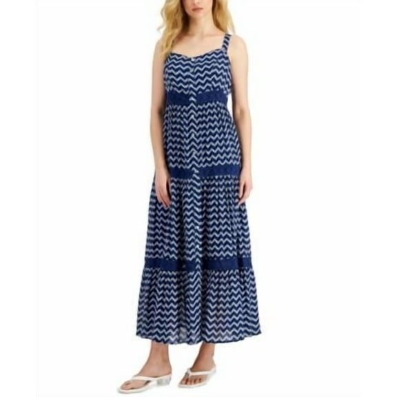 Fever Womens Gauze Tiered Maxi Dress Blue Depths L