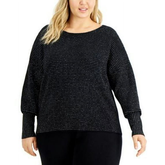Alfani Plus Size Striped Lurex Sweater Deep Black 3X