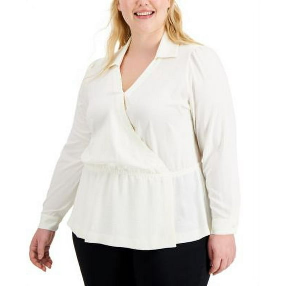 MSRP $80 Alfani Women Plus Size Surplice Peplum Blouse White Size 1X