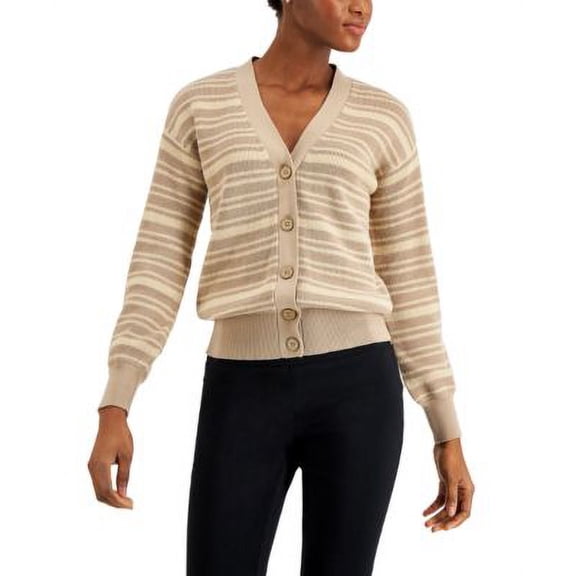 MSRP $80 Alfani Women Striped Button-Front Cardigan Beige Size XL