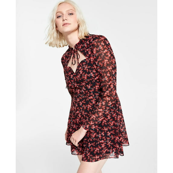 MSRP $80 Bar III Women Floral-Print Tie-Neck Mini Dress Black Size Medium