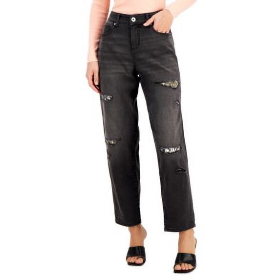 INC International Concepts Womens High Rise Ripped Leopard Boyfriend Jeans Washed Black 0