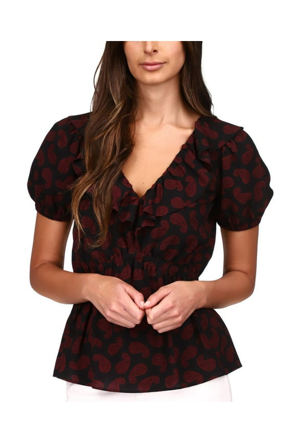 MSRP $84 Michael Kors Paisley Puff-Sleeve Peplum Top Red Size 2XL