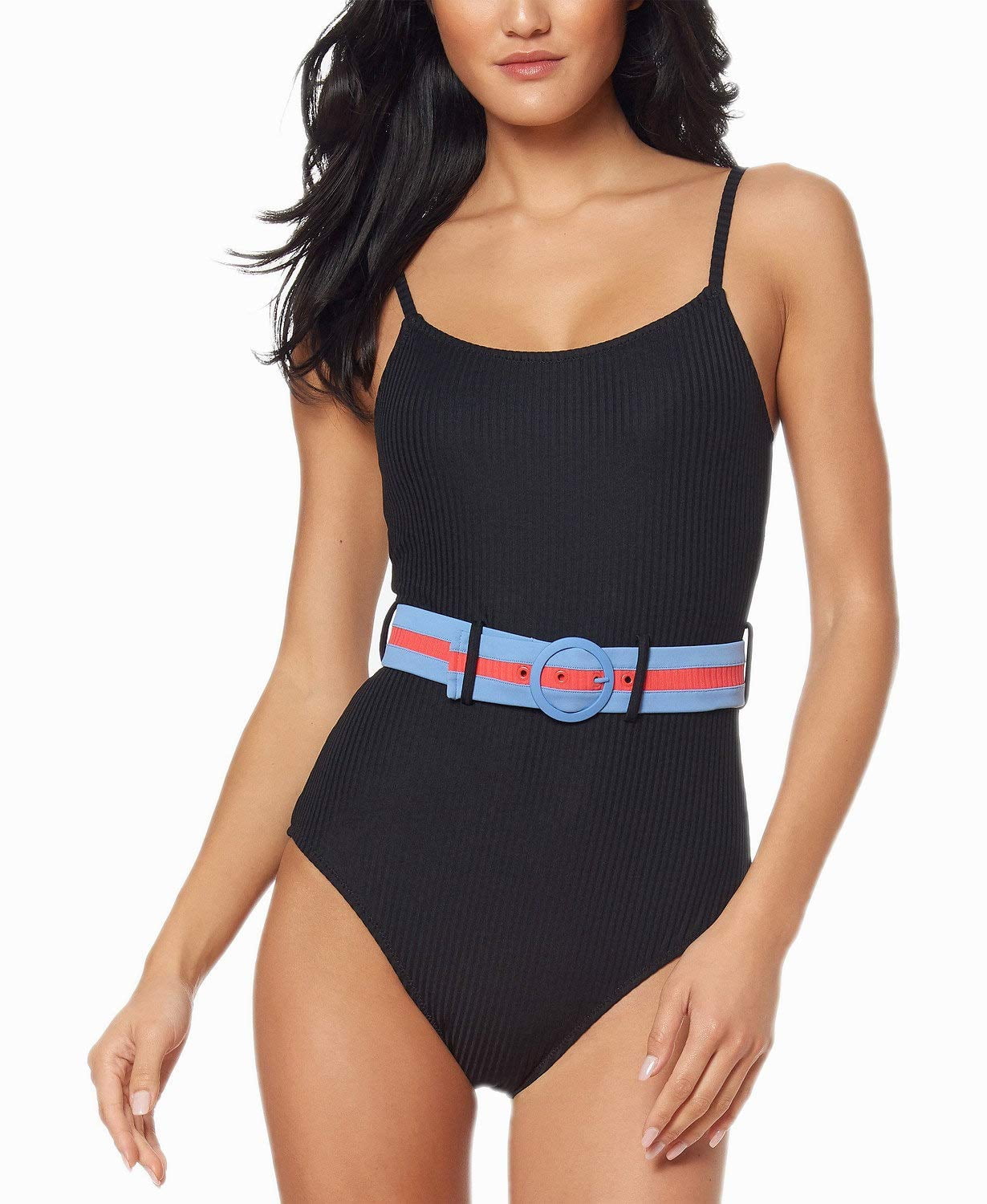 MSRP $98 Jessica Simpson Belted One-Piece Swimsuit Rainbow Rib
