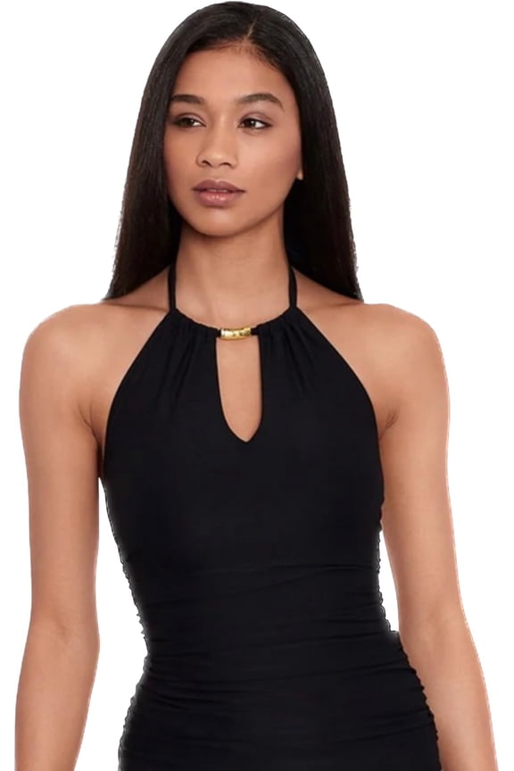 MSRP $98 Lauren Ralph Lauren Women's High-Neck Halter Tankini Black Size 4