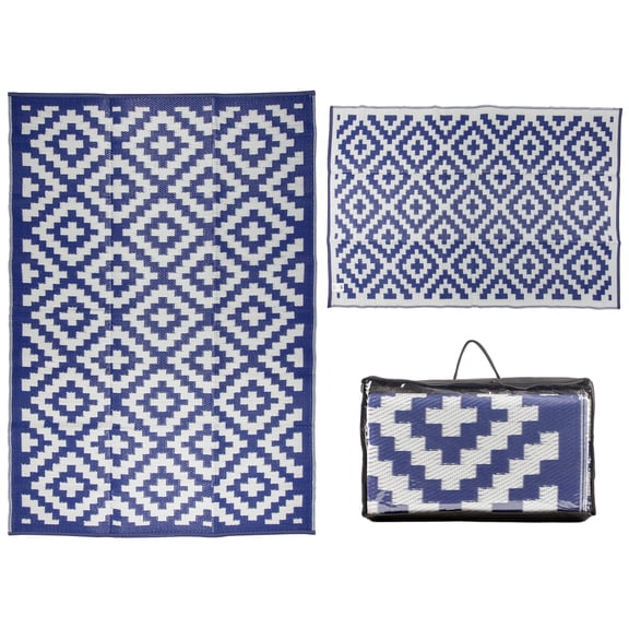 MSRUGS Courtyard Collection Trellis Design Blue/White Reversible Indoor/Outdoor Mat Area Rug with Bag - 9' x 12'
