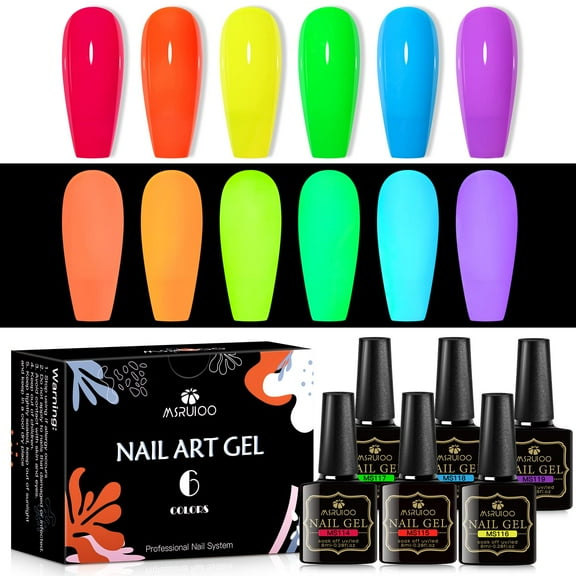 MSRUIOO Glow in the Dark Gel Nail Polish, 6 Colors Luminous Neon Gel Polish Set Fluorescent Bright Colors Hot Pink Yellow Purple Glow Effect Soak Off UV Gel Polish for DIY Nail Art Design SF1