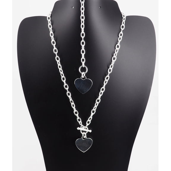 MST 925 Solid Sterling Silver Dangle Engravable Heart Toggle Necklace & Bracelet Set 3.5mm Rolo Chain Unisex, All Ages