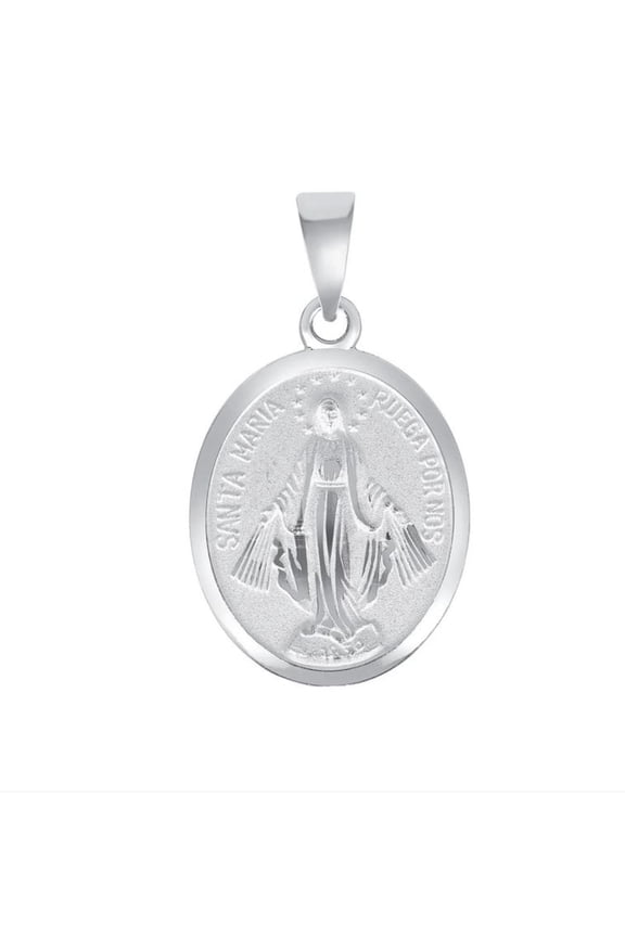 925 Solid Sterling Silver Virgin Mary Miraculous (Virgen Milagrosa) Medium Two-Sided Oval Pendant Necklace Unisex, All Ages