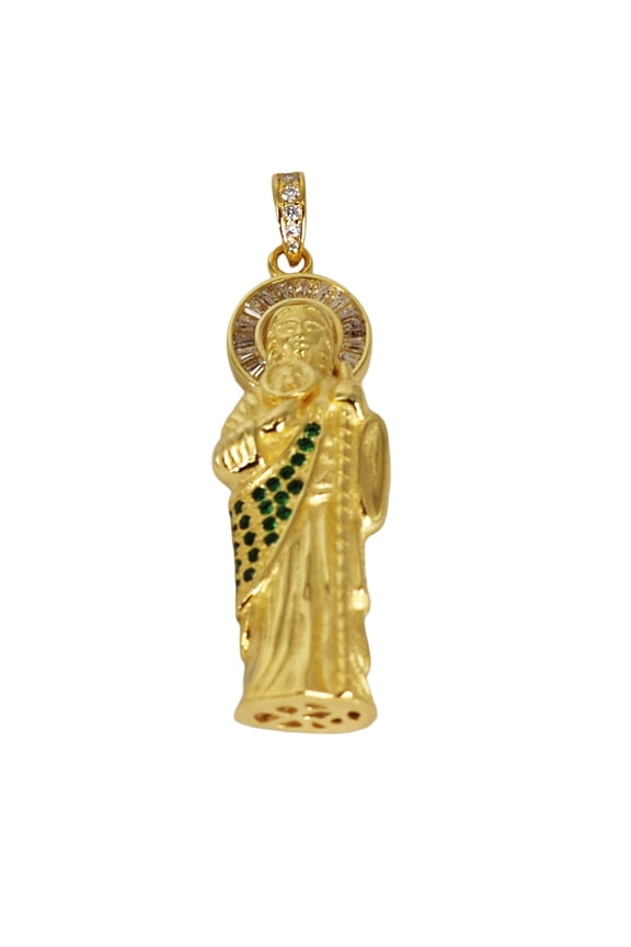 925 Sterling Silver 14K Gold-Plated San Judas (Saint Jude) 3D Pendant Necklace, Green Emerald & Baguette CZ, Italy, Unisex, All Ages