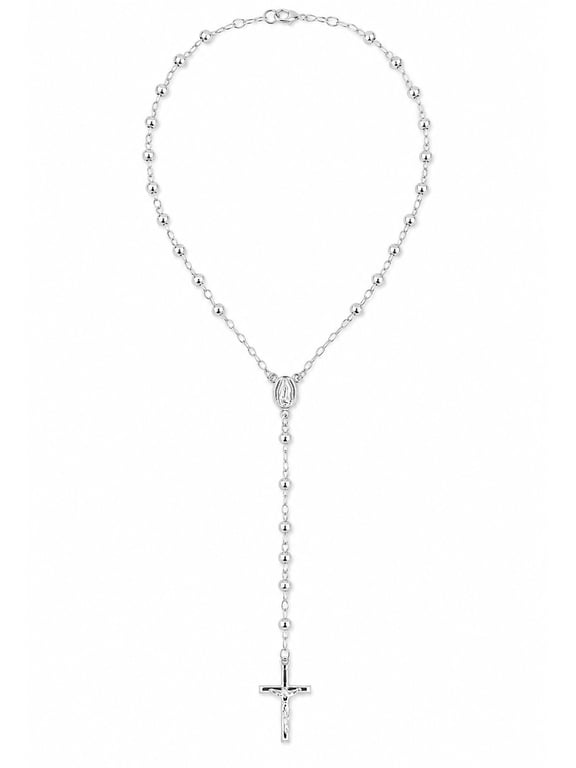 925 Sterling Silver 4mm Rosary Bead Necklace with Cross, 26 inch, Rosario, Unisex All Ages