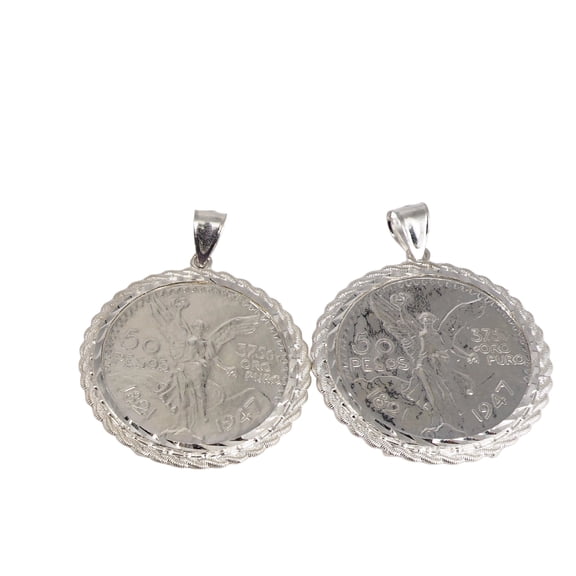 MST 925 Sterling Silver Mexican 50 Peso Centenario Coin Bezel Rope Edge Prong Back Pendant Necklace, Unisex, All Ages