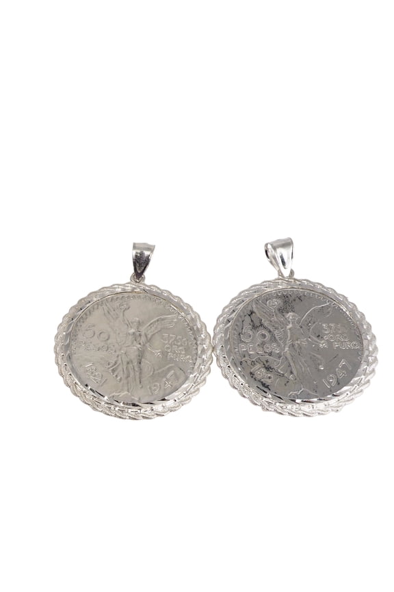 925 Sterling Silver Mexican 50 Peso Centenario Coin Bezel Rope Edge Prong Back Pendant Necklace, Unisex, All Ages
