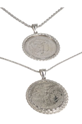 925 Sterling Silver Mexican 50 Peso Centenario Coin Bezel Rope Edge Prong Back Pendant Necklace, Unisex, All Ages