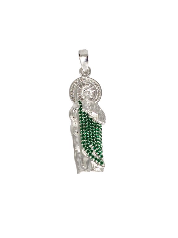 925 Sterling Silver San Judas (Saint Jude) Pendant Necklace Clear and Green Emerald Cubic Zirconia, Unisex, All Ages