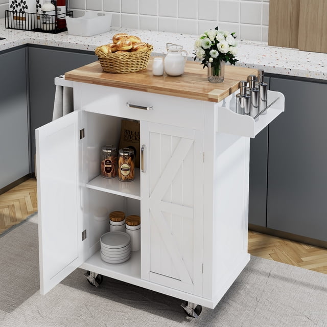 MSTG Tech Rolling Kitchen Island with Spice Rack Towel Rack Solid