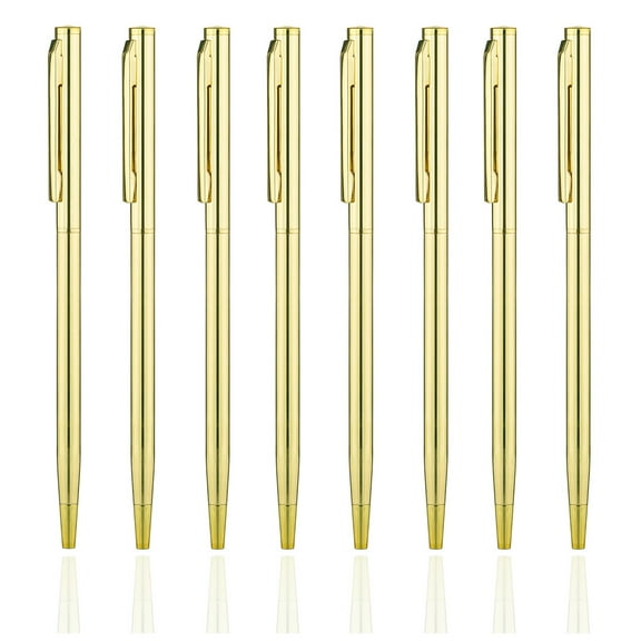 MSTOKIN Metallic Gold Pens Cool Fancy Pens for Women & Men Journling Cute Pen Set Luxury Nice Pretty Pens with Gift Box (8-Pack gold Metal Thin Pens)