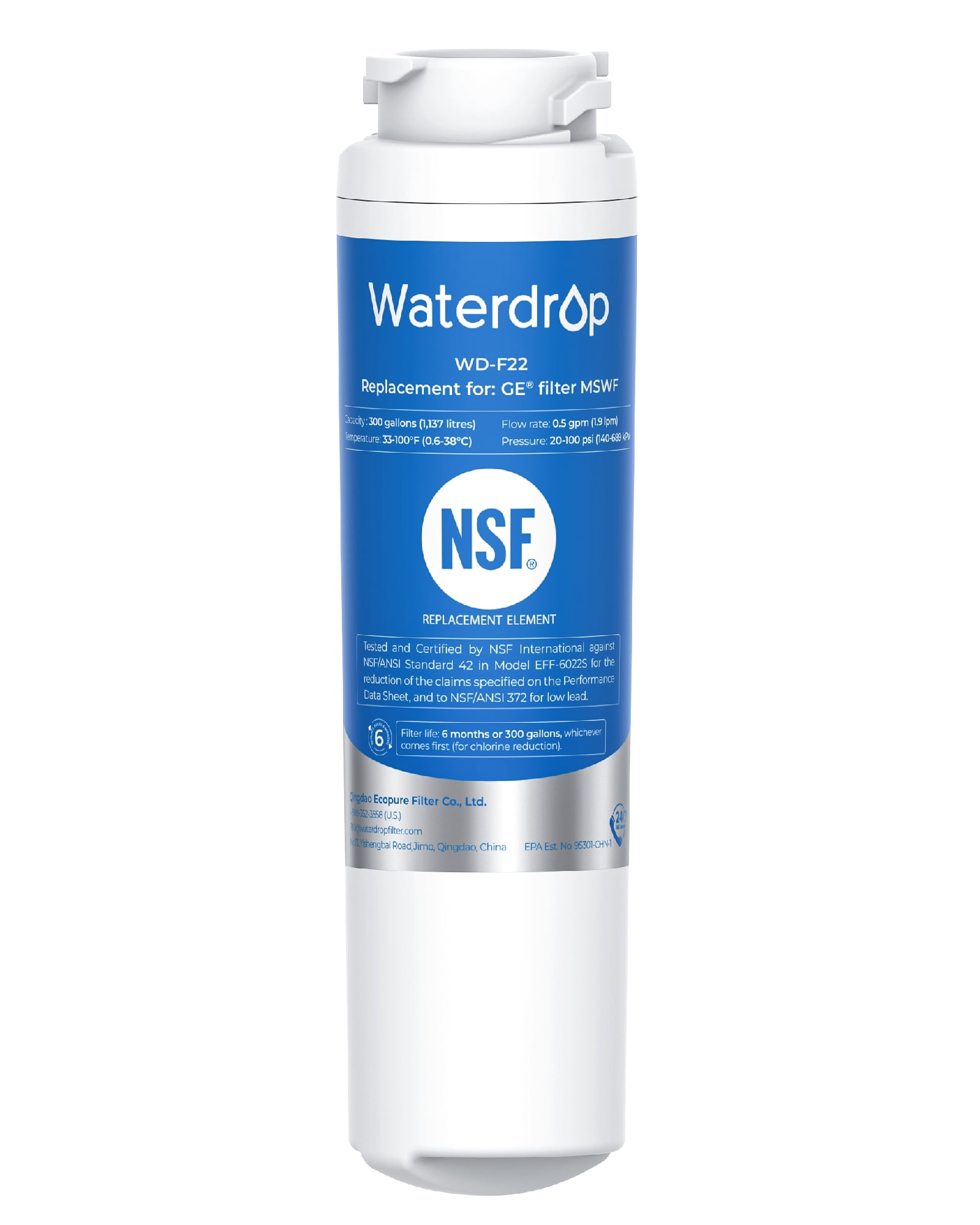 Waterdrop MSWF Refrigerator Water Filter NSF 42 Certified, Reduces Chloramine, Chlorine, Replacement for GE® MSWF, 101820A, 101821B(Package May Vary)