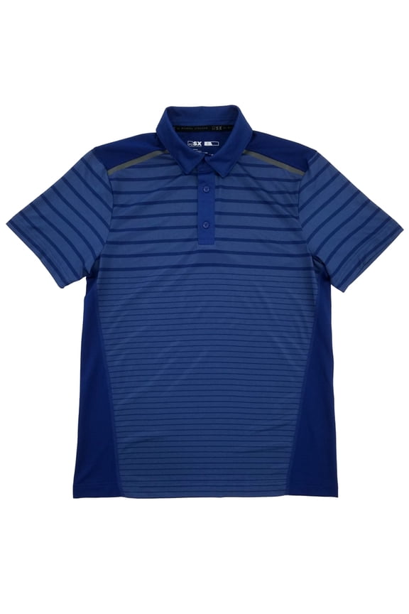 By Michael Strahan Mens Blue Stripe Performance Jersey Polo Shirt Small