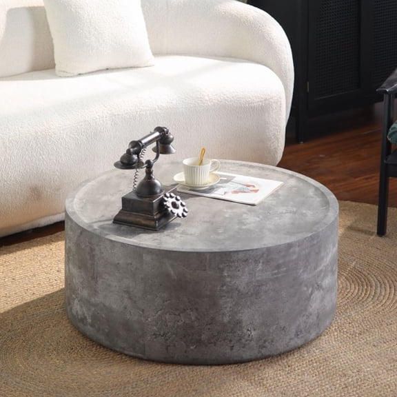 MSY Furniture Round Coffee Table, Modern Faux Concrete Finish, No Assembly Required, Oversized Living Room Table, Stone Gray, 39.37"