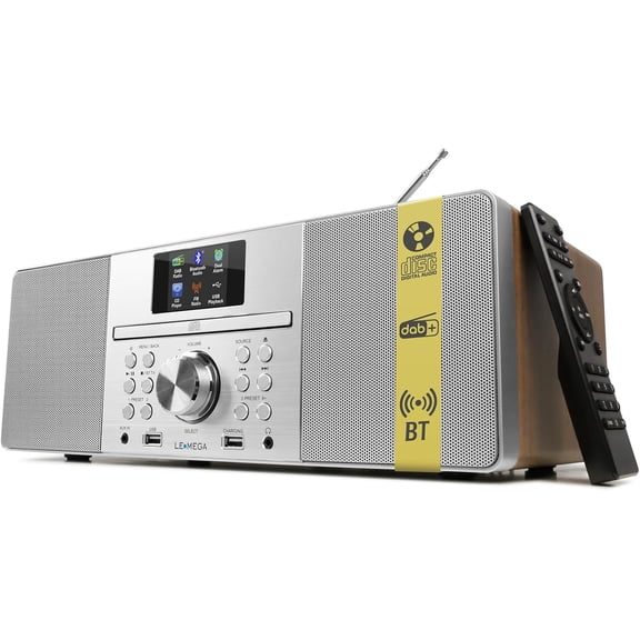 MSY1+ CD Player with FM Radio, Bluetooth Streaming, Stereo HiFi System, Full Colour Display, 30 Presets, Remote Control, Acoustic Wooden Cabinet - Dark Walnut