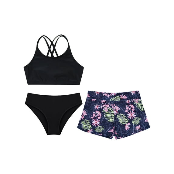 MSemis Big Girls 3 Piece Swimsuit Tankini Floral Print Bathing Suit Swimwear ,Size 8-16 Flowers 12