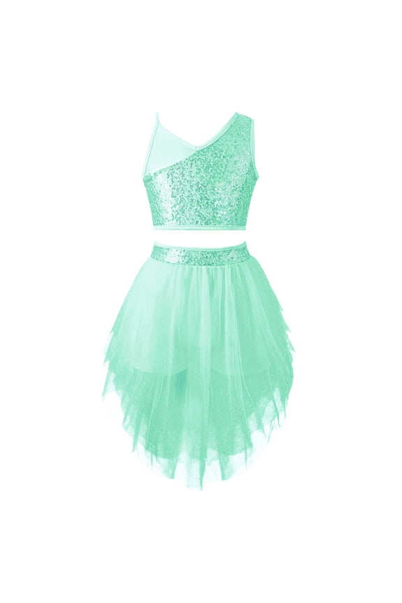 Big Girls Crop Tops with Elastic Waist Irregular Hem Tutu Skirt Lyrical Dance Dress