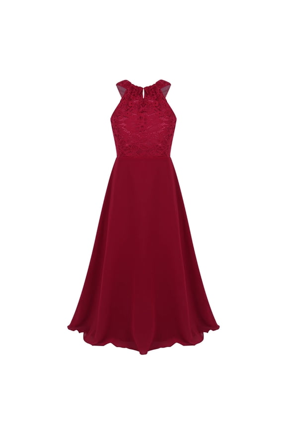 Big Girls Floral Lace Party Wedding Prom Long Chiffon Bridesmaid Ball Maxi Gown Dress,Size 4-16 Burgundy 8