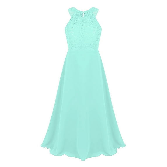 MSemis Big Girls Floral Lace Party Wedding Prom Long Chiffon Bridesmaid Ball Maxi Gown Dress,Size 4-16 Mint Green 14