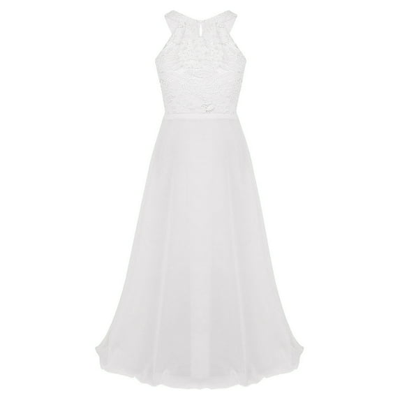 MSemis Big Girls Floral Lace Party Wedding Prom Long Chiffon Bridesmaid Ball Maxi Gown Dress,Size 4-16 White 16