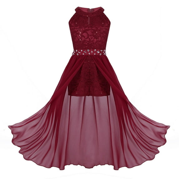 MSemis Big Girls Floral Lace Rhinestone Chiffon Lyrical Dance Dress