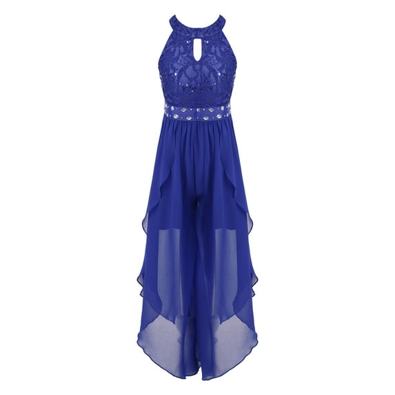MSemis Big Girls Halter Neck Floral Lace Maxi Dress for Birthday Party Pageant Dance Gown Royal Blue 16
