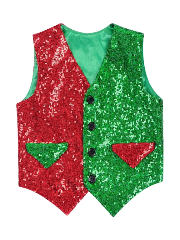 Boys Christmas Elf Sequin Vest Color Block Santa Xmas Waistcoat Dance Tops Red&Green 4