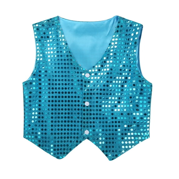 MSemis Boys Shiny Sequins Vest Waistcoat Jazz Dance Choir Party Costume Light Blue 12-13