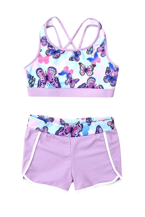 Breathable Female Child Swimsuit Sets, Polyester, Lavender, 8