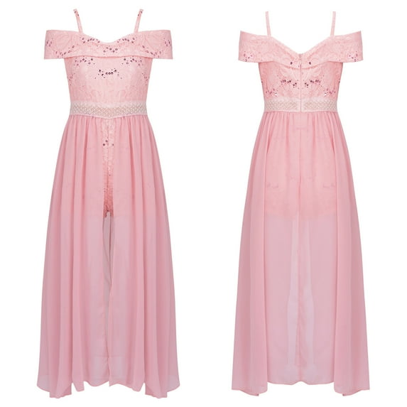 MSemis Flower Girls Dress Kids Off Shoulder Lace Chiffon Maxi Romper Dress