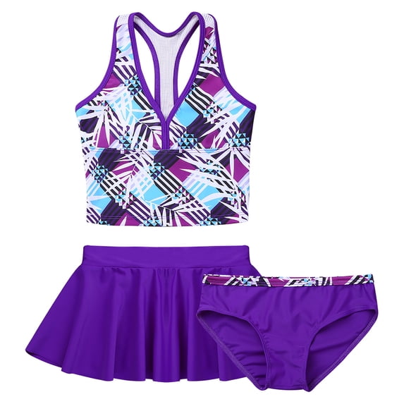 MSemis Girls 3 Piece Swimsuits Floral Tankini Set with Skirt Swimsuit Bathing Suit,Sizes 4-14 Purple 4-5