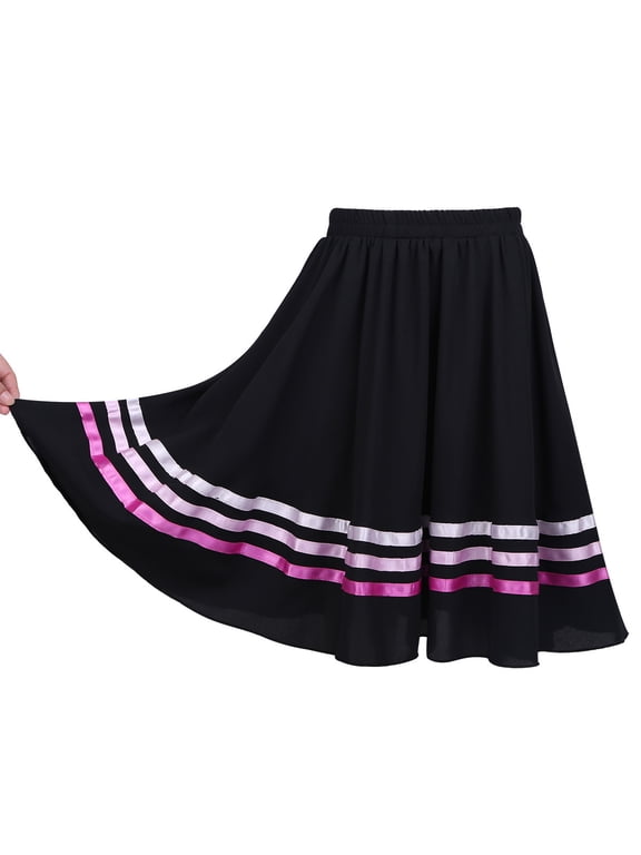 Girls Ballet Character Circle Skirt Full Long Circle Dance Skirt,Size 6-16 Black&Pink 6