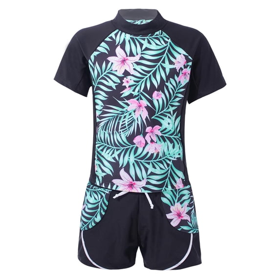MSemis Girls Boys Floral Short Sleeve Rash Guard Swimsuit Set with UPF 50, 2-Piece, Sizes 4-16 Summer Lily Pink 12