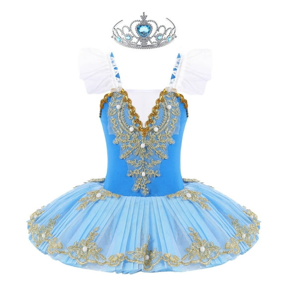 MSemis Girls Camisole Ballet Leotard Dance Tutu Dress with Headwear Type A Sky Blue 3-4