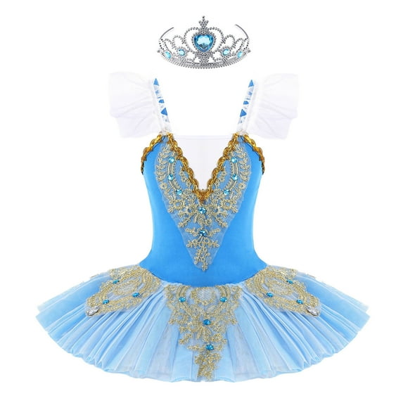 MSemis Girls Camisole Ballet Leotard Dance Tutu Dress with Headwear Type B Sky Blue 5-6