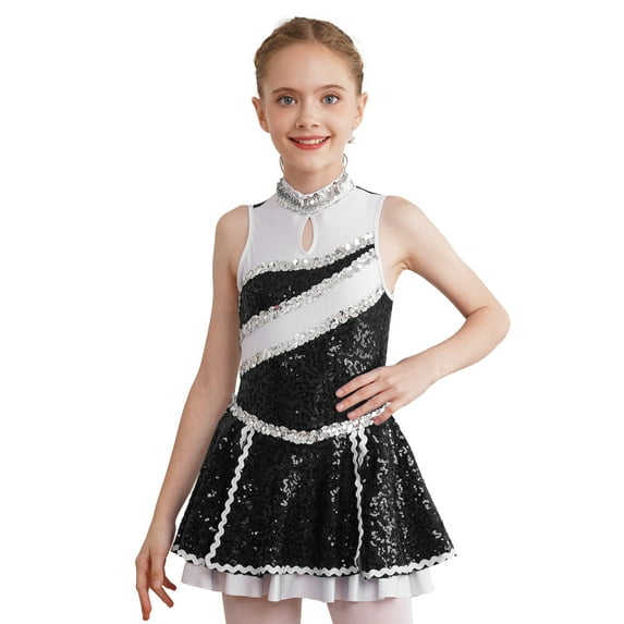 MSemis Girls Cheer Leader Uniform Dance Dress Shiny Sequin Sleeveless Dancewear Black 14